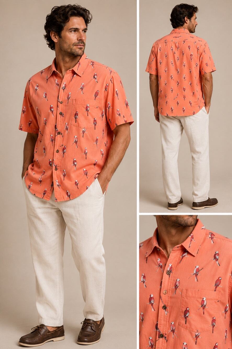 Margaritaville Parrot Print Camp Shirt Men’s XL Orange Button Up Tropical Aloha